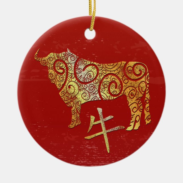 Ox Chinese Zodiac Horoscope Constellation Sign Julgransprydnad Keramik (Framsidan)
