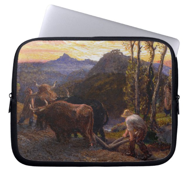 Oxar som plöjer på solnedgången (w/c på papper) laptop sleeve (Framsidan)