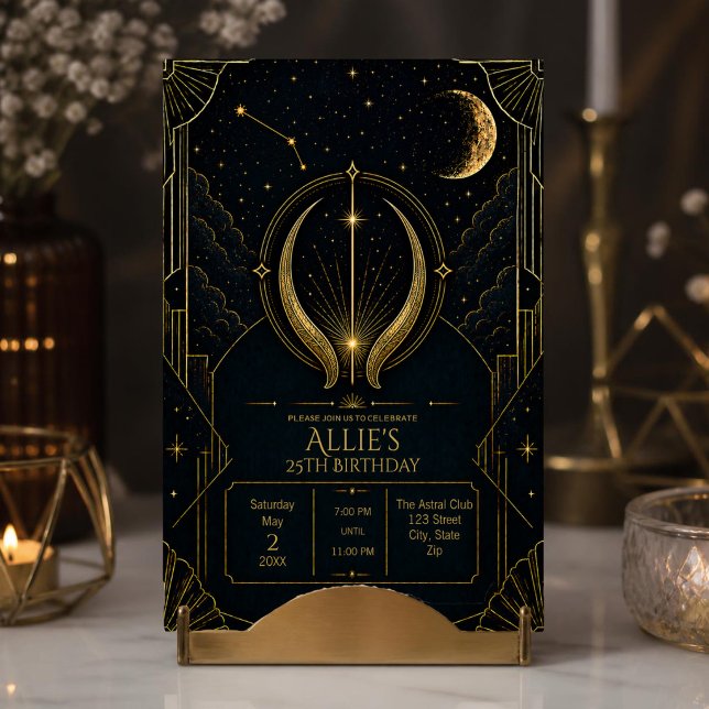 Oxen 25-års födelsedagsinbjudan Celestial Zodiac Inbjudningar (Elegant Taurus 25th birthday invitation with celestial zodiac stars, moon and gold Art Deco style.)
