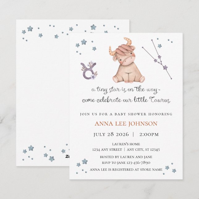 Oxen Zodiac Baby Shower Inbjudan (Fram/baksida)