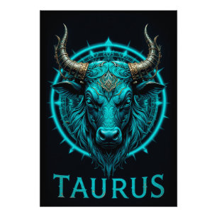 Oxen Zodiakssymbol i livfull blå och guldaccent Fototryck