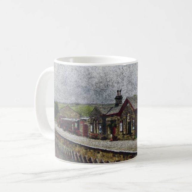 Oxenhope stations vattenfärgstavla för järnvägsarv kaffemugg (Framsida vänster)
