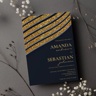 Oxford Blue guld glitter geometric typo bröllop Inbjudningar