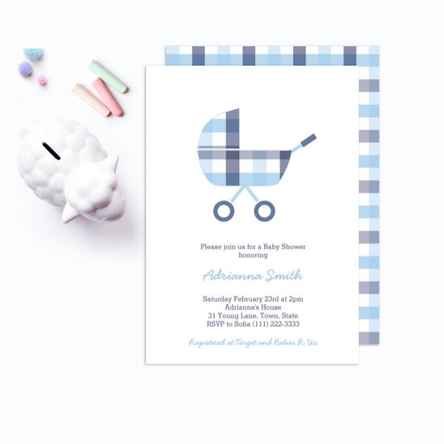 Oxford Check Buggy Boy Shower Party Inbjudningar (Skapare uppladdad)