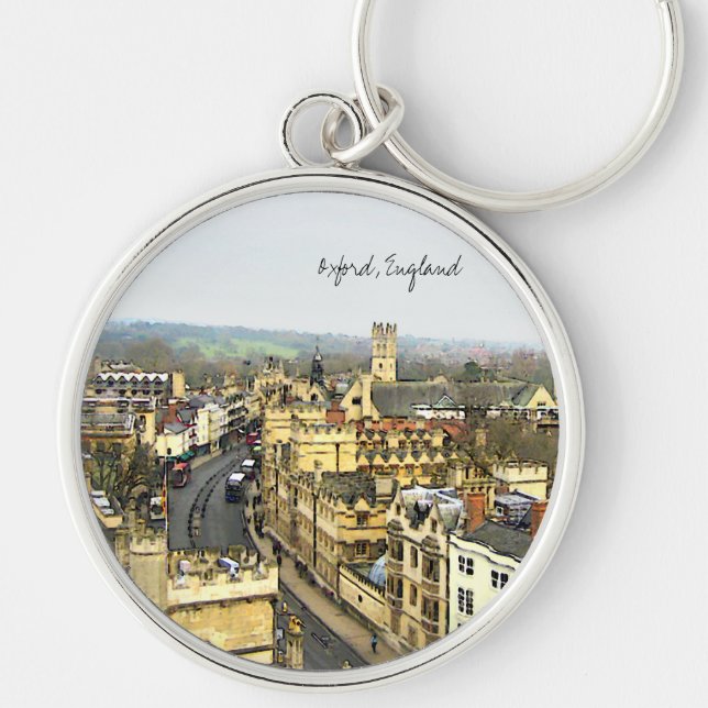 Oxford England, kickSt beskådar Rund Silverfärgad Nyckelring (Framsidan)
