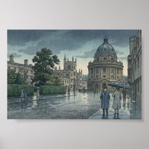 Oxford University i regn Japansk Träblockstryck Poster