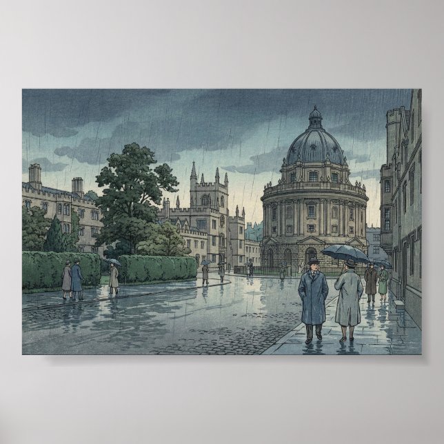Oxford University i regn Japansk Träblockstryck Poster (Framsidan)