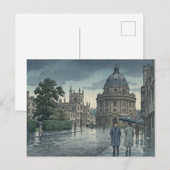 Oxford University in Rain Japanese Woodblock Print Vykort (Fram/baksida)