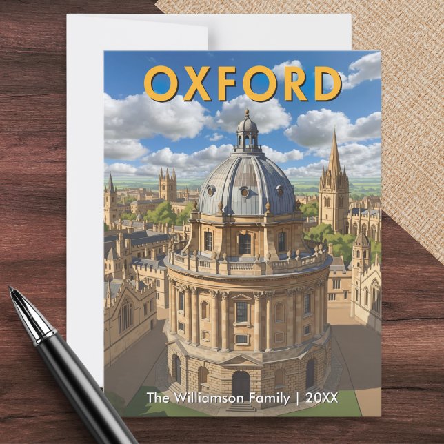 Oxfords siluett Radcliffe Camera Retro Personlig Vykort (A personalized postcard featuring the city of Oxford, UK inspired by mid-century travel poster style)