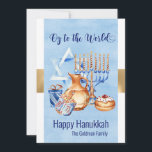 Oy till World Blue Guld Hanukkah Julkort<br><div class="desc">Den här designen skapades genom digital grafik. Den kan vara personlig i det område som tillhandahålls genom att ändra fotot och/eller text. Du kan också anpassa den genom att klicka för att anpassa ytterligare alternativ och ta bort eller ändra bakgrunden i färg, lägga till text, ändra texten färg eller stil...</div>