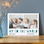 Oy to the World | 2 Foto Hanukkah Julkort<br><div class="desc">Det vita Hanukkah-fotokortet har två av dina favoritfoton i en familj i fyrkantigt format som är placerade sida vid sida. "Oy to the World" visas under i blått och grönt. Anpassa till din familj namn eller namn, anpassningsbar hälsning och året längs grund. Ett lustigt och modernt Hanukkah-kort designat för att...</div>