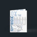 Oy to the World Funny Hanukkah Menorah Folded Blue Helgkort<br><div class="desc">all text på insidan av detta kort är formaterad,  så att den lätt kan ändras om du vill. Detta inkluderar naturligtvis namnteckning. Framsidan har grafik på en ogenomskinlig glob som bär en mask i bakgrunden och en silver-menorah-kontur till högerna grund</div>