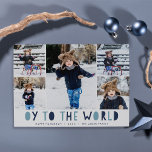 Oy to the World | Hanukkah Photo Collage Card Julkort<br><div class="desc">Det vita Hanukkah-fotokortet innehåller fem av dina favoritfoton i din familj i en samlingslayout "Oy to the World" som visas nedanför i blåskärmsbokstäver. Anpassa till din familj namn eller namn, anpassningsbar hälsning och året längs grund. Kort på blå rand vid en mönster av vit snö. Ett lustigt och modernt Hanukkah-kort...</div>