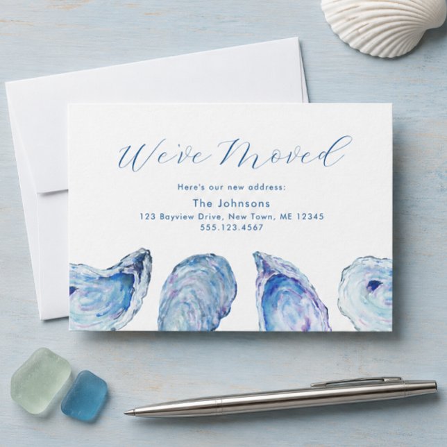 Oyster Blå Akrylfärg Byte av Adresskort OSA Kort (Blue Oyster Watercolor We've Moved Change of Address Card Moving Announcement by Concertina Press)