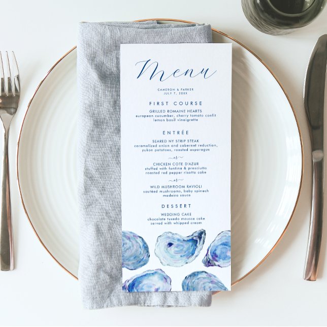 Oyster Blå Akvarell Bröllop Meny (Oyster Wedding Menu with three meal options and Elegant blue watercolor oyster shell illustrations)