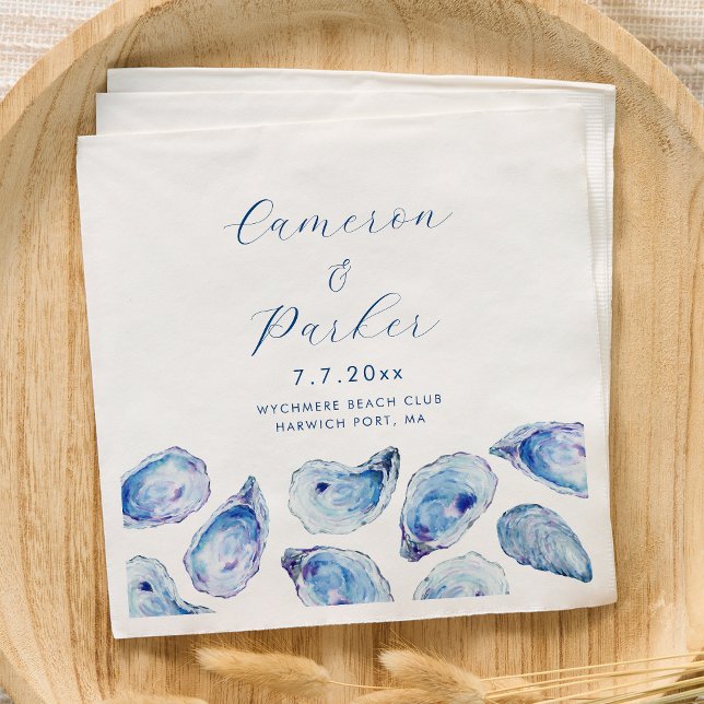 Oyster Blue Watercolor Bröllop Pappersservett (Personalized Oyster Wedding Napkins for an elegant blue coastal wedding from Concertina Press)