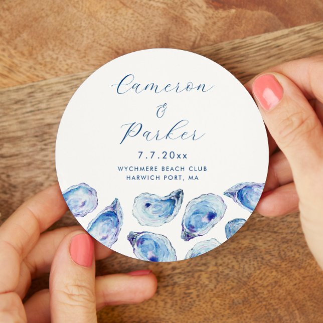 Oyster Blue Watercolor Bröllop Underlägg Papper Rund (Oyster Watercolor Drink Coaster for an elegant blue coastal wedding from Concertina Press)