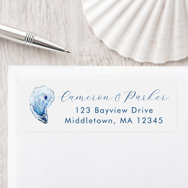 Oyster Blue Watercolor Bröllops Returadress Etikett (Blue Watercolor Oyster Shell Address Label for a coastal wedding by Concertina Press)