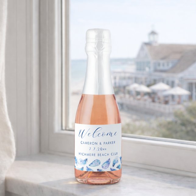 Oyster Blue Watercolor Bröllopsgåva Mini Flaska (Oyster Blue Watercolor Mini Sparkling Wine Bottle Label for Wedding Welcome Bags by Concertina press)