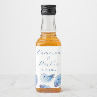 Oyster Blue Watercolor Wedding Favor Mini Spritflaskor Etikett