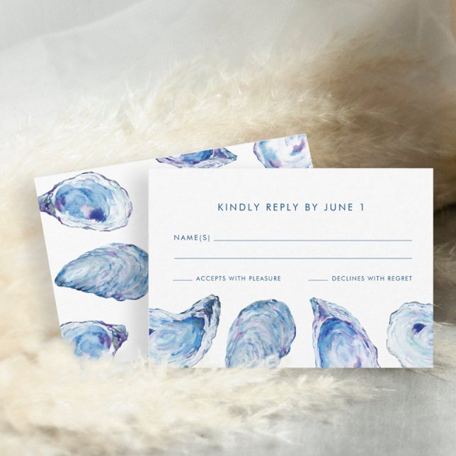 Oyster Bröllop Blue Watercolor OSA Kort (Oyster Watercolor RSVP Card with names in a blue coastal design from Concertina Press)