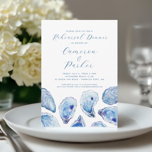Oyster Bröllop Rehearsal Blue Watercolor Inbjudningar (Oyster Rehearsal Dinner Invitation with elegant blue watercoor oyster shells from Concertina Press)