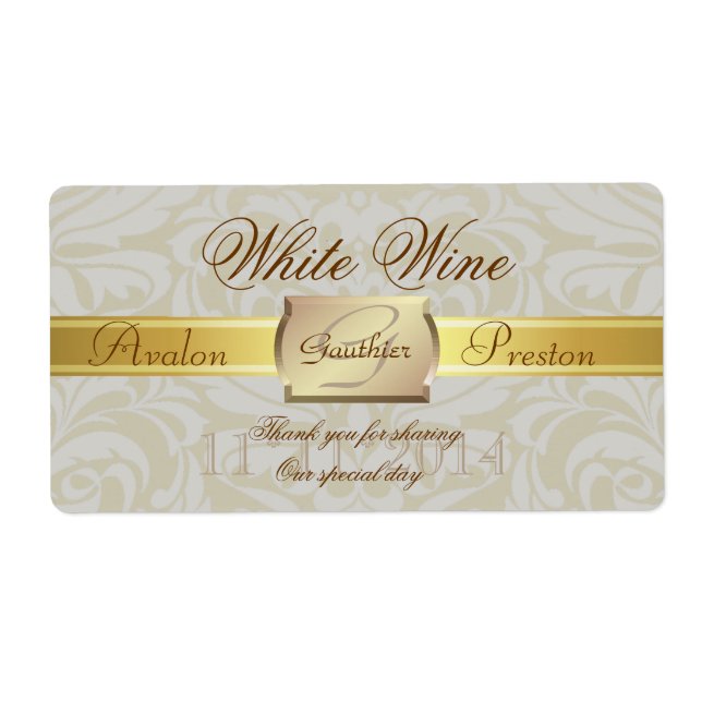 Oyster Damask Guld Monogram Bröllop Vin-etikett Fraktsedel (Framsidan)