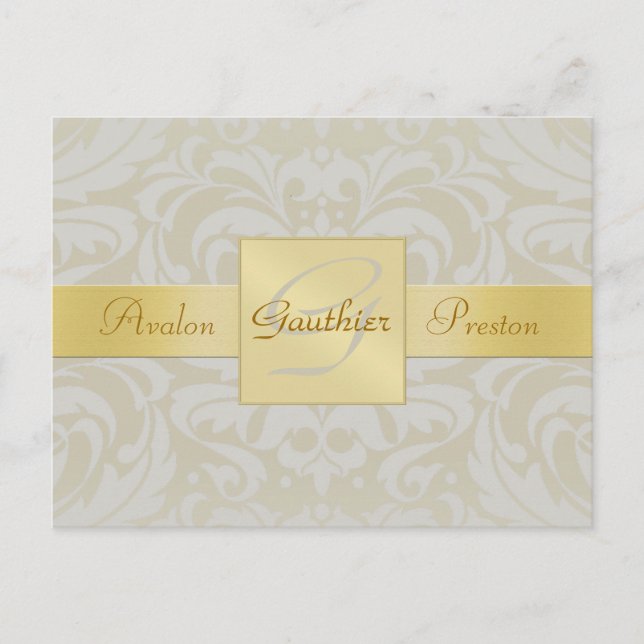 Oyster Damast Guld Monogram Spara Datum Postkort Meddelande Vykort (Framsida)
