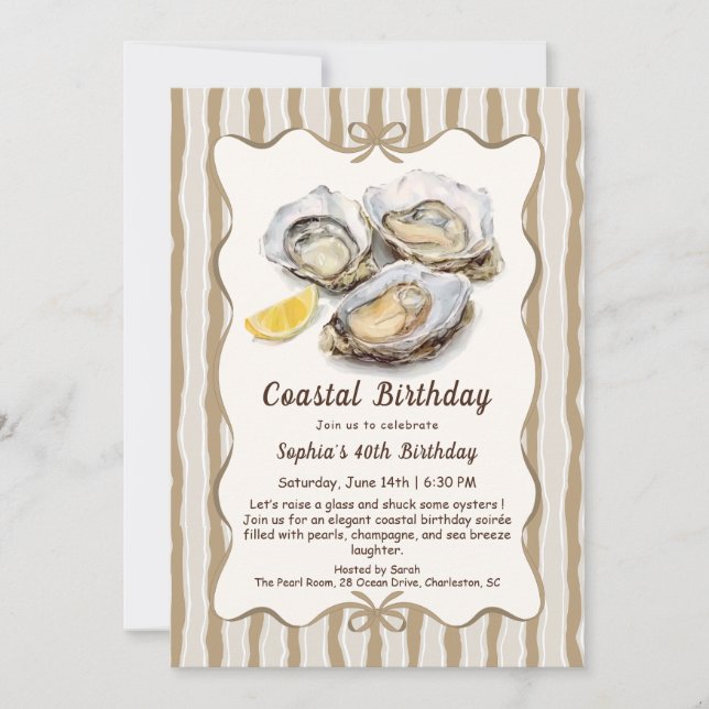 Oyster Födelsedagsfest | Elegant Kustvatten Inbjudningar (Framsida)