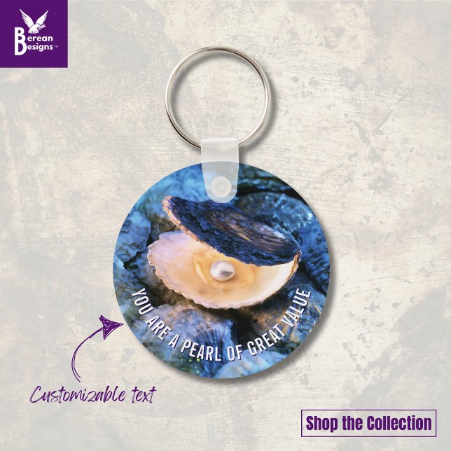 OYSTER Pearl of Underbar Value Anpassningsbar Chri Nyckelring (Blue OYSTER aesthetic keychain with CUSTOMIZABLE Christian Bible verse. Ideal gift for her.)