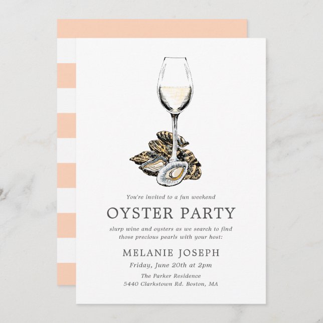Oyster Pearl Party | Peach Stripes Inbjudningar (Fram/baksida)