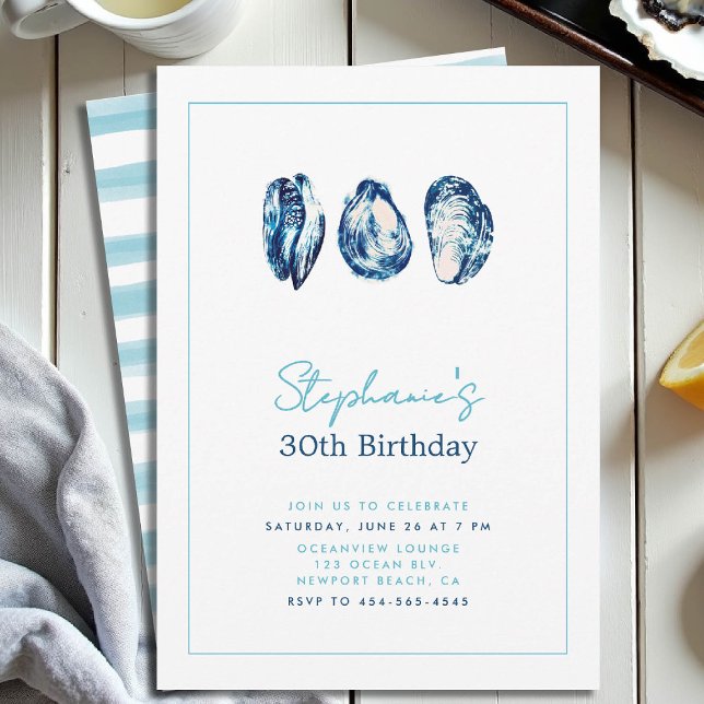 Oyster Ram Nautical Beach Ocean 30års födelsedag Inbjudningar (30th birthday invitation for women oysters party frame nautical boat yacht waterfront beach)