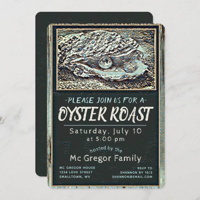 Oyster Roast Tan och Blå Allt-i-ett Inbjudningar (Fram/baksida)