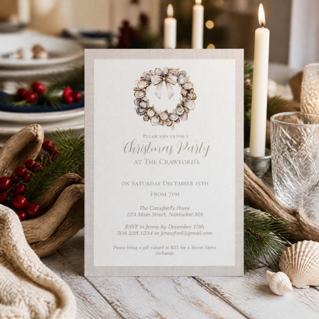 Oyster Shell Krans Kust Jul  Inbjudningar (Oyster Shell Wreath Christmas Party Invite)