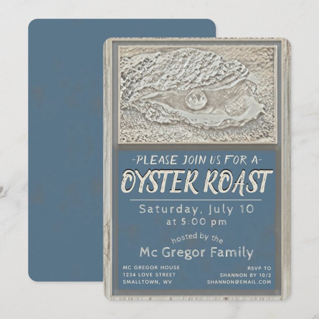 Oyster Stek Tan och Blå Allt-i-allo Inbjudningar (Fram/baksida)