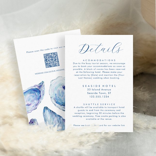 Oyster Wedding Detaljer Hotell Info QR-kod Tilläggskort (Oyster Wedding Details and Hotel Information with QR Code and Elegant blue watercolor oyster shells)