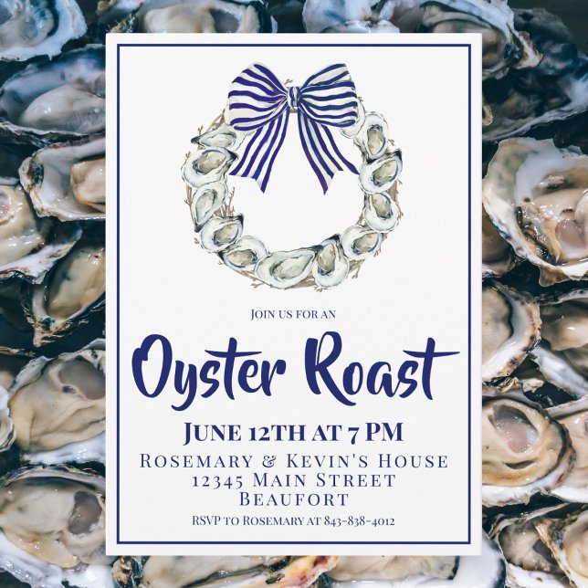 Oyster Wreath Blue Striped Ribbon Oyster Roast Inbjudningar (Skapare uppladdad)