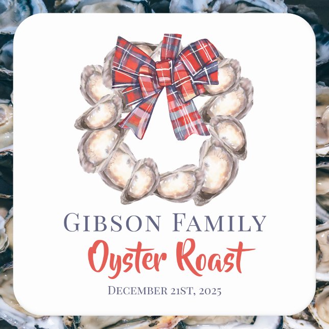 Oyster Wreath Plaid Ribbon Oyster Roast Custom Underlägg Papper Kvadrat (Skapare uppladdad)