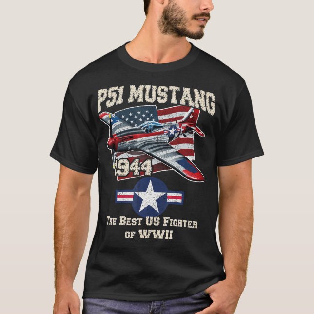 P51 Mustang Ww2 Warbird Flygplan American Flagga M T Shirt (Framsida)