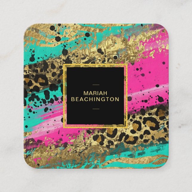 **P93 Leopard Abstrakt Animal Neon Guld Fold Fyrkantigt Visitkort (Framsida)