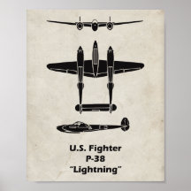 P-38 WWII-flygplansets Poster med blixtnedslag