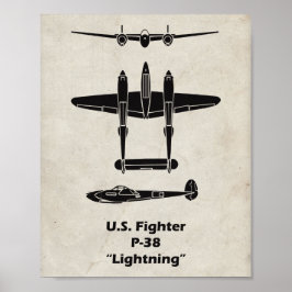 P-38 WWII-flygplansets Poster med blixtnedslag