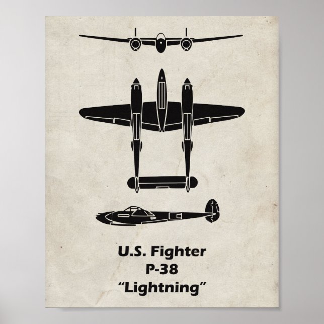 P-38 WWII-flygplansets Poster med blixtnedslag (Framsidan)