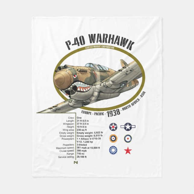 P-40 WARHAWK CURTIS FLYING TIGERS PLANE FLEECEFILT (Framsidan)