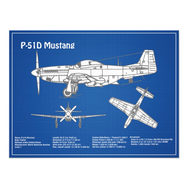 P-51D Mustang - Flygplan Blueprint ABD Fototryck (Framsidan)
