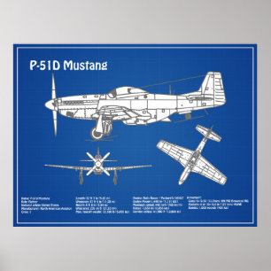 P-51D Mustang - Flygplan Blueprint ABD Poster