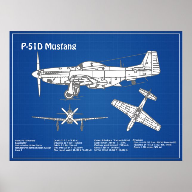 P-51D Mustang - Flygplan Blueprint ABD Poster (Framsidan)