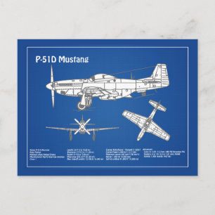 P-51D Mustang - Flygplan Blueprint ABD Vykort