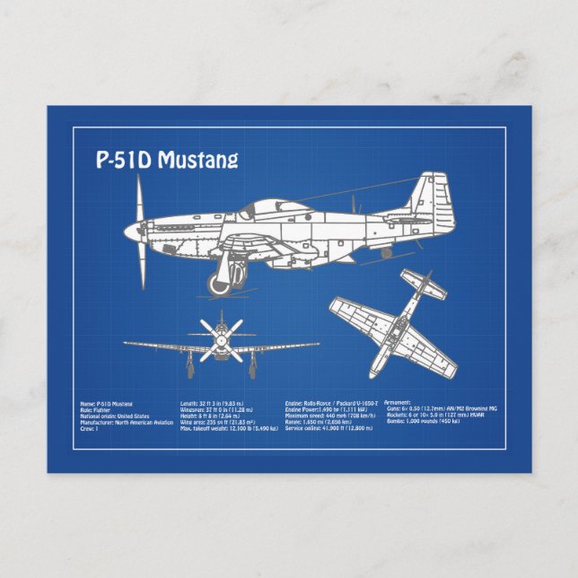 P-51D Mustang - Flygplan Blueprint ABD Vykort (Framsida)