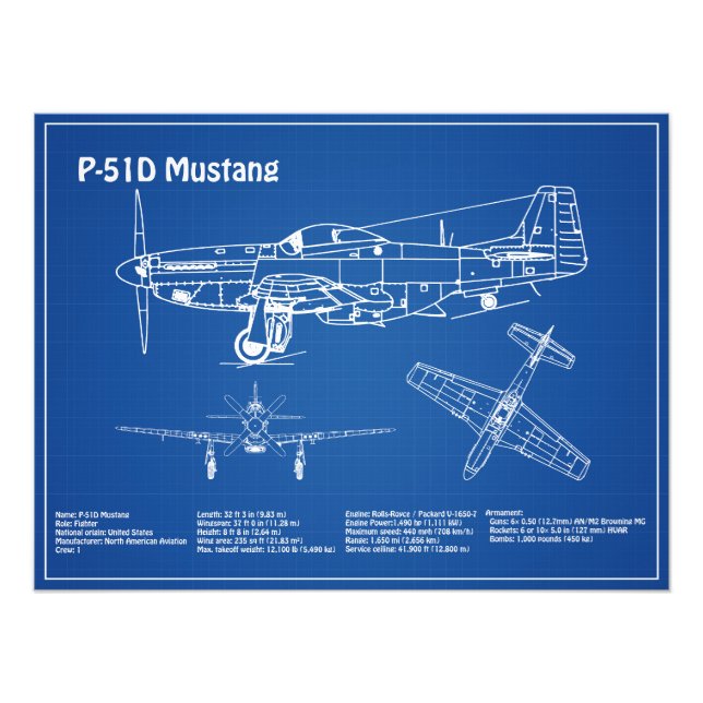 P-51D Mustang - Flygplanets blåkopia AD Fototryck (Framsidan)